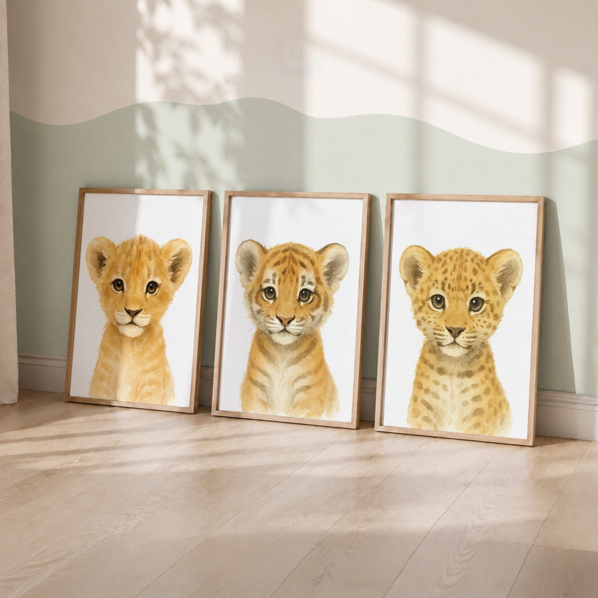 Baby Big Cats Wall Art Set – Lion, Tiger & Leopard Watercolor Nursery Prints