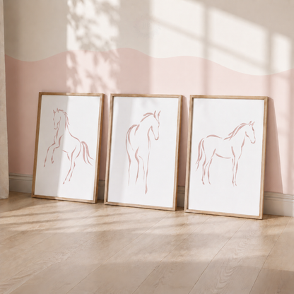 Blush Pink Horse Wall Art Set – Minimalist Equestrian Nursery Prints