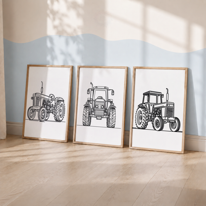 Tractor Nursery Prints Set – Black & White Farm Vehicle Wall Art