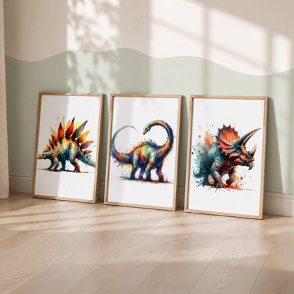 Colourful Watercolour Dinosaur Prints Set – Stegosaurus Brontosaurus & Triceratops Wall Art