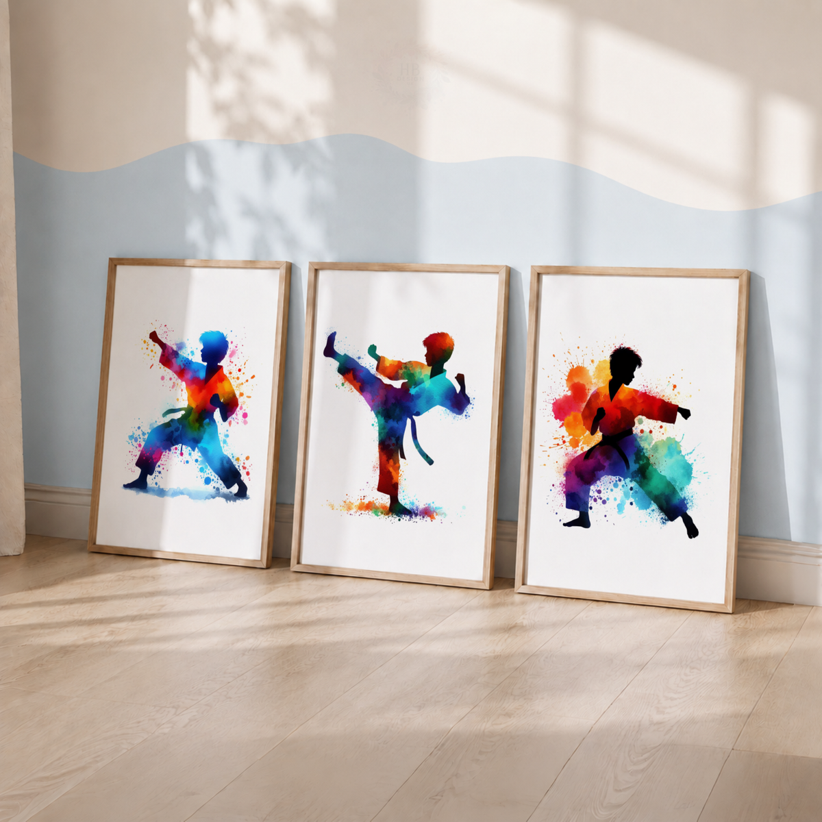 Colourful Karate Wall Art Set – Martial Arts Watercolour Prints for Boys’ Bedroom