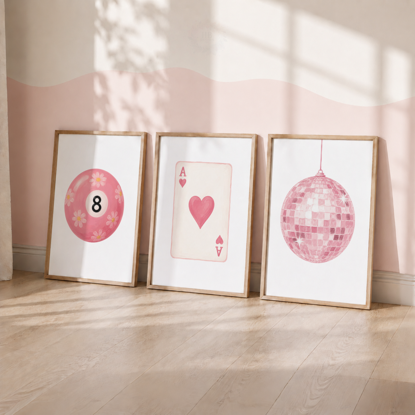 Pink Retro Wall Art Print Set – 8 Ball, Playing Card & Disco Ball