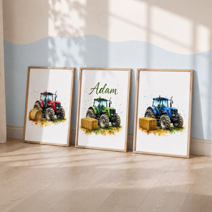 Tractor Trio – Personalised Set of 3 Watercolour Tractor Nursery Prints