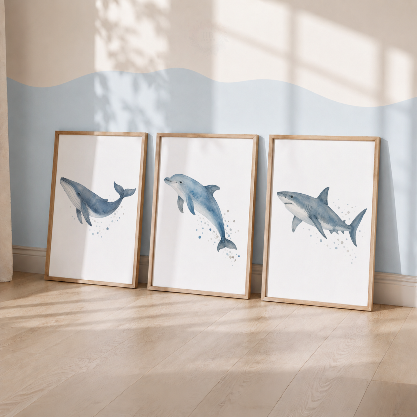 Ocean Animal Wall Art Print Set – Whale, Dolphin & Shark