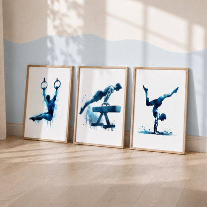 Gymnastics Watercolor Wall Art Set – Blue Gymnast, Rings & Pommel Horse Sports Prints