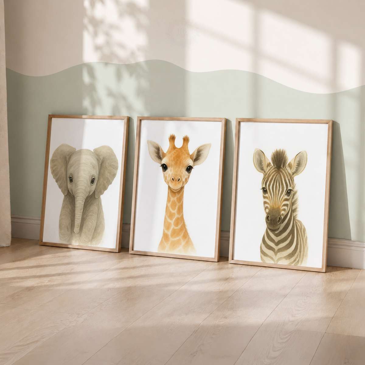 Baby Safari Animals Watercolor Wall Art Set – Elephant Giraffe Zebra Nursery Prints