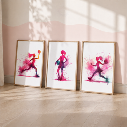 Girls Basketball Wall Art Set – Pink Watercolour Female Basketball Player Prints