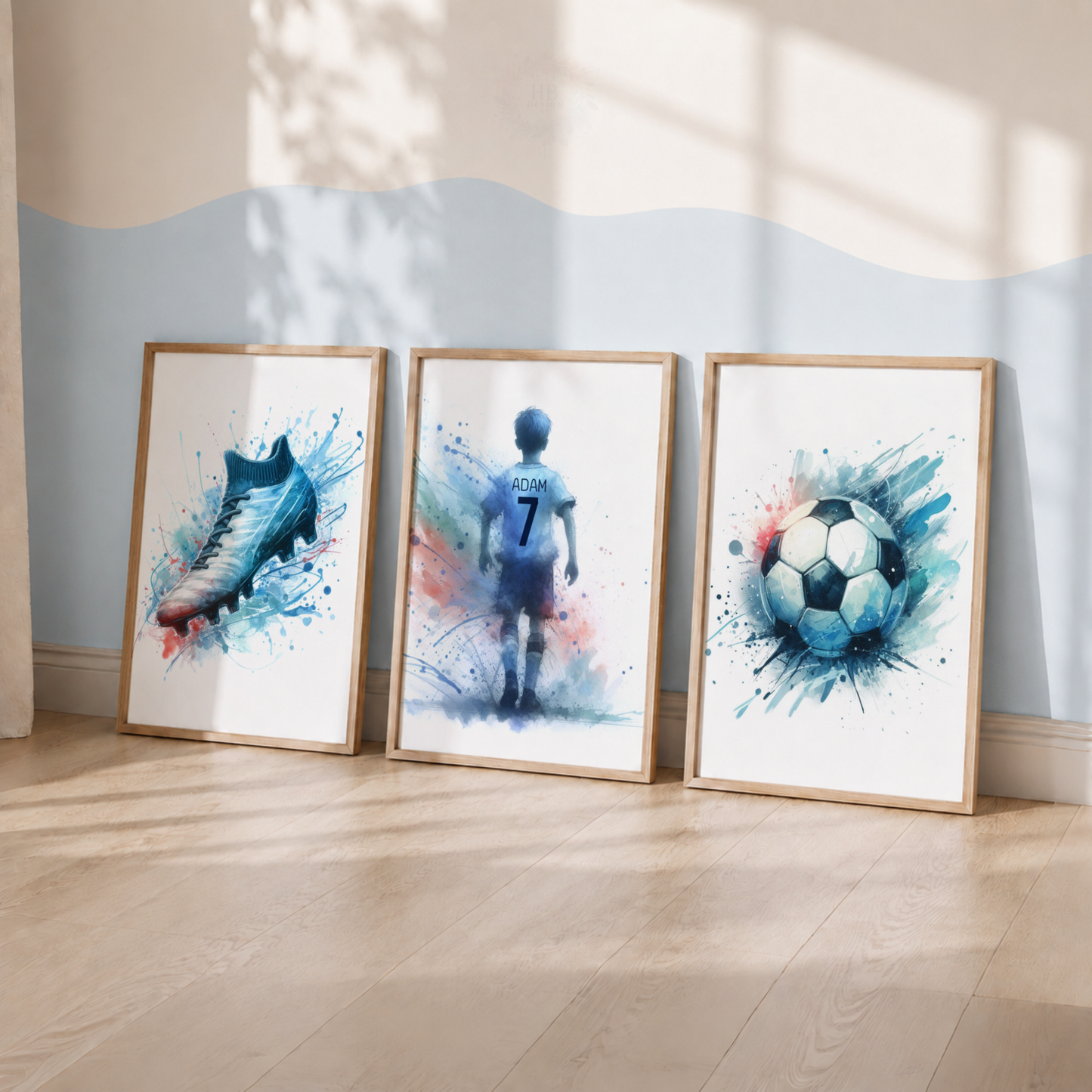 Personalized Blue Football Wall Art Set – Custom Name & Number Football Watercolor Prints