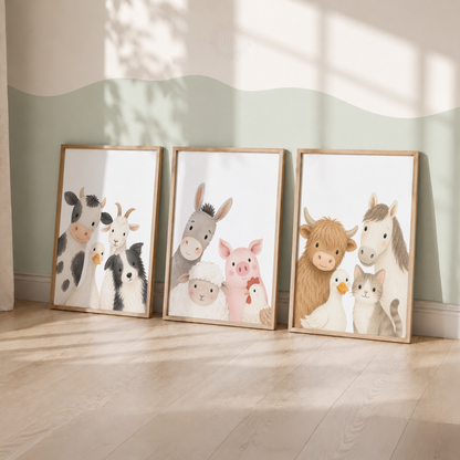 Cute Farm Animal Nursery Prints – Set of 3 Watercolour Farmyard Wall Art