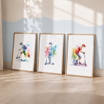 Stunt Scooter Watercolor Wall Art Set – Colourful Scooter Rider Sports Prints