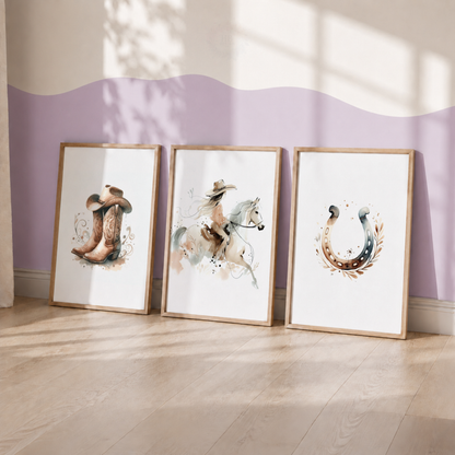 Western Cowgirl Horse Wall Art Set – Watercolour Equestrian Prints