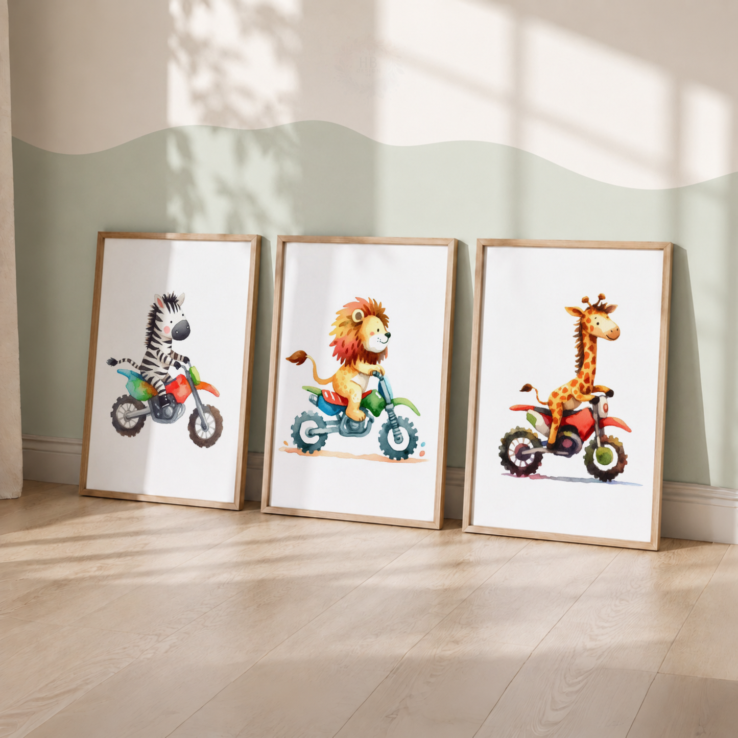 Safari Animals on Motorbikes Wall Art Set – Watercolor Nursery Prints