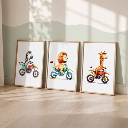 Safari Animals on Motorbikes Wall Art Set – Watercolor Nursery Prints