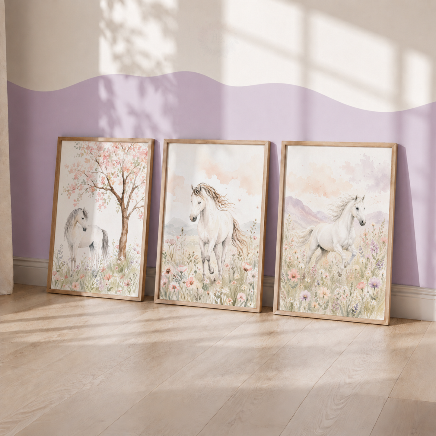 Pastel Horse Meadow Wall Art Set – Watercolour Equestrian Nursery Prints