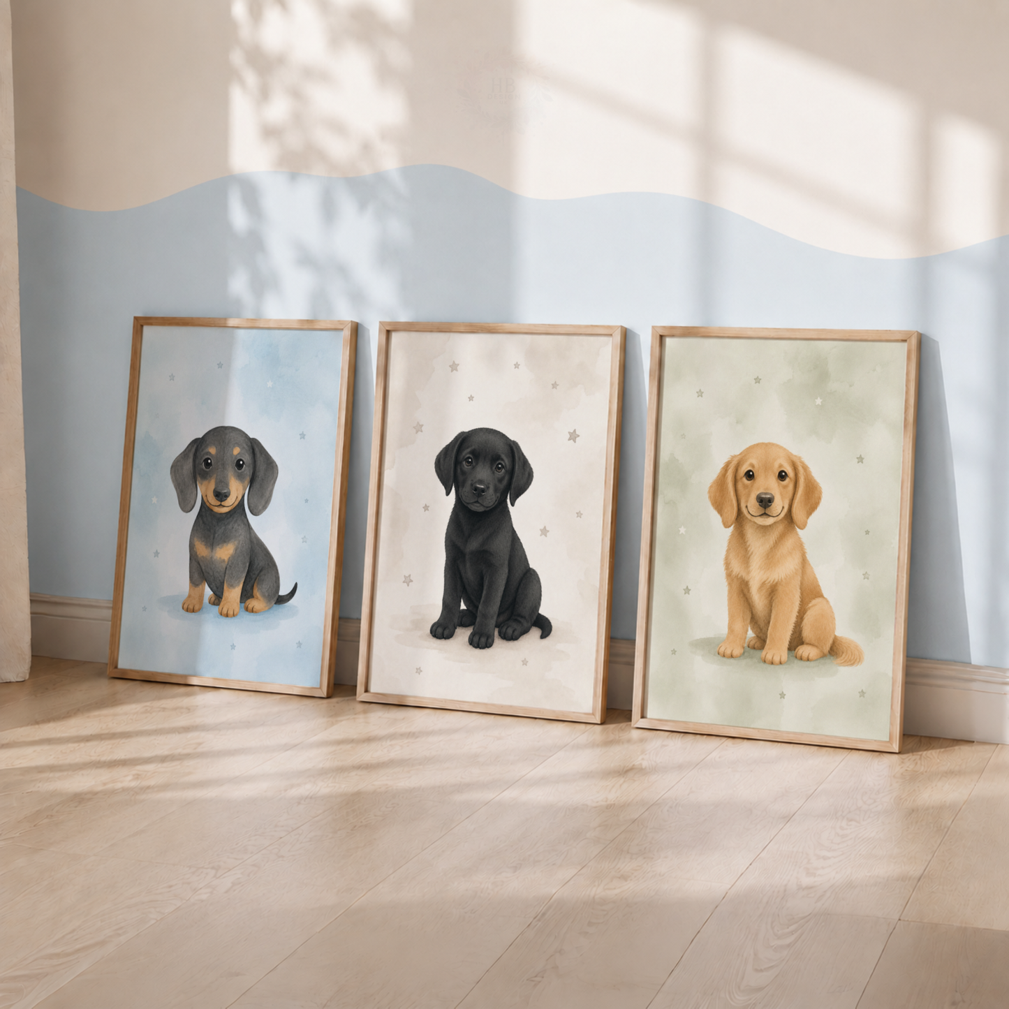 Puppy Nursery Prints – Set of 3 Dachshund, Labrador & Golden Retriever Wall Art