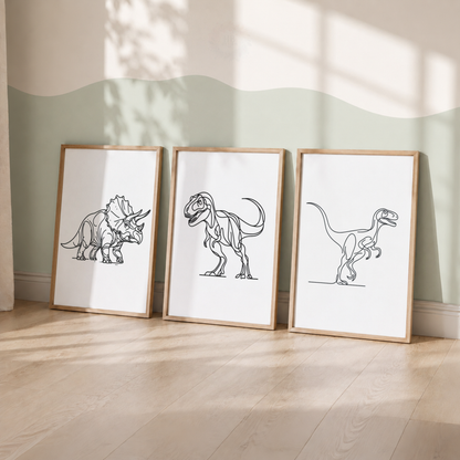 Minimalist Dinosaur Line Art Prints Set – Triceratops T-Rex & Raptor Wall Art