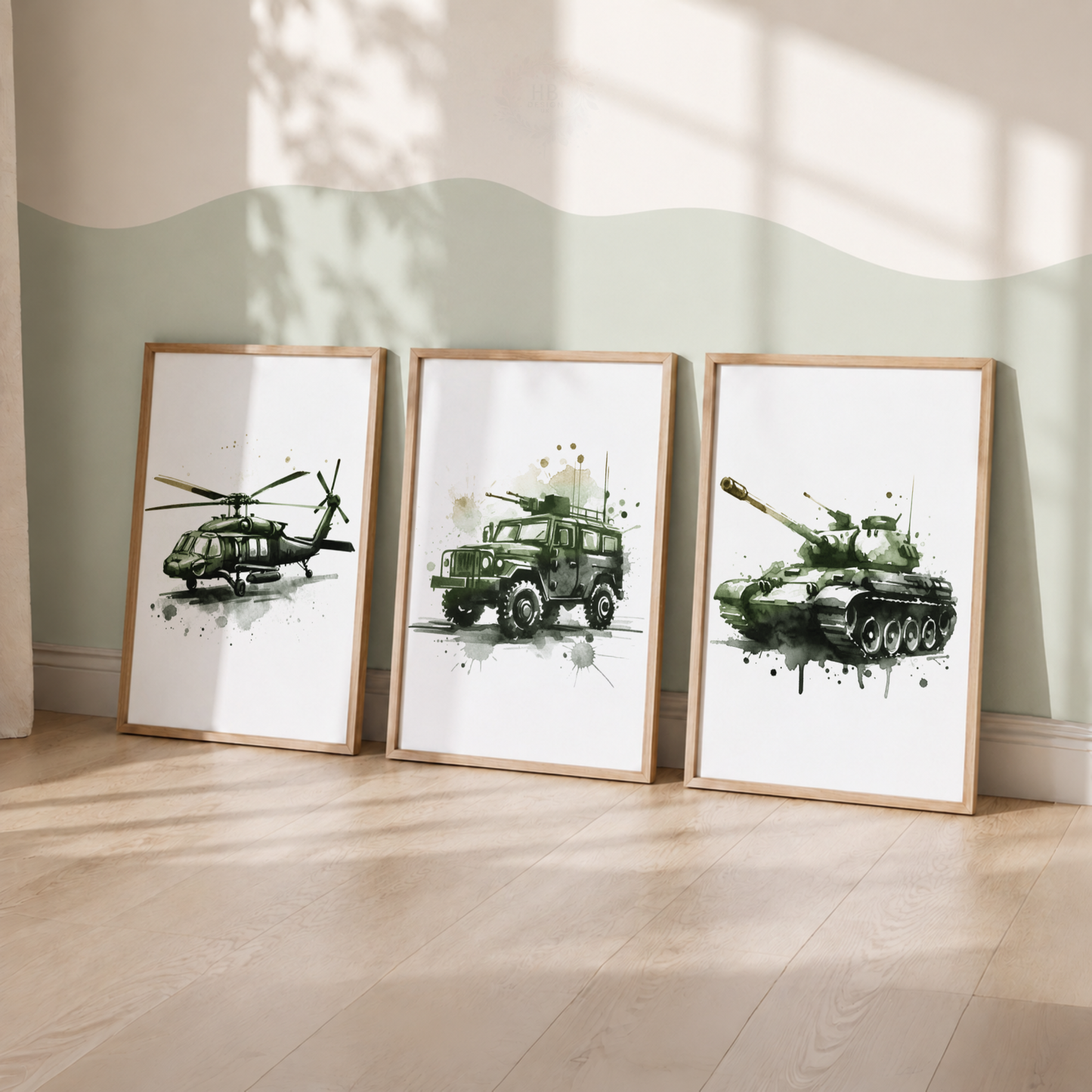 Green Military Vehicle Watercolor Prints Set – Helicopter Army Truck & Tank Wall Art