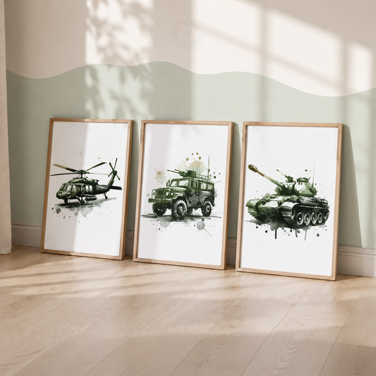 Green Military Vehicle Watercolor Prints Set – Helicopter Army Truck & Tank Wall Art