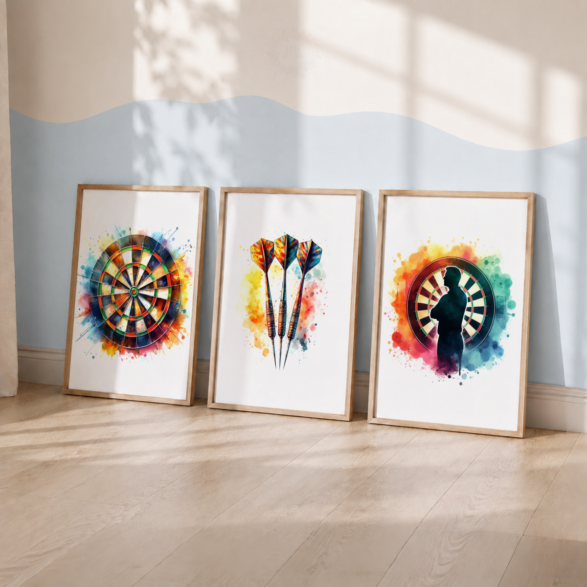 Colourful Darts Wall Art Set – Dartboard & Darts Watercolour Prints for Games Room