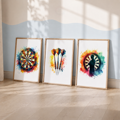 Colourful Darts Wall Art Set – Dartboard & Darts Watercolour Prints for Games Room