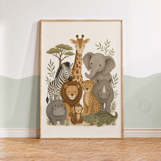 Safari Animals Nursery Print – Jungle Friends Kids Wall Art