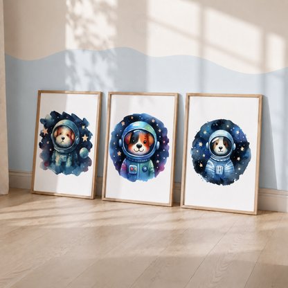 Watercolor Dog Astronaut Nursery Prints Set – Space Puppy Wall Art
