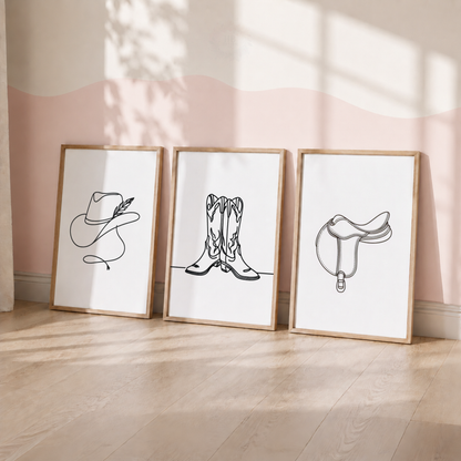 Equestrian Wall Art Set – Minimalist Horse Riding Hat, Boots & Saddle Prints