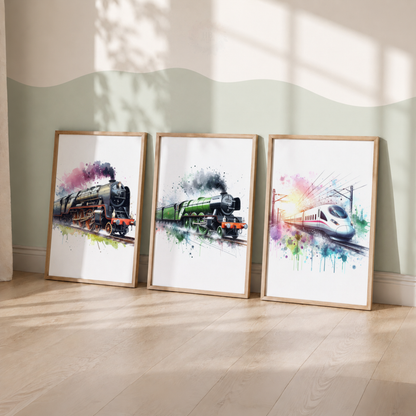 Train Wall Art Set – Steam & Modern Railway Watercolor Prints