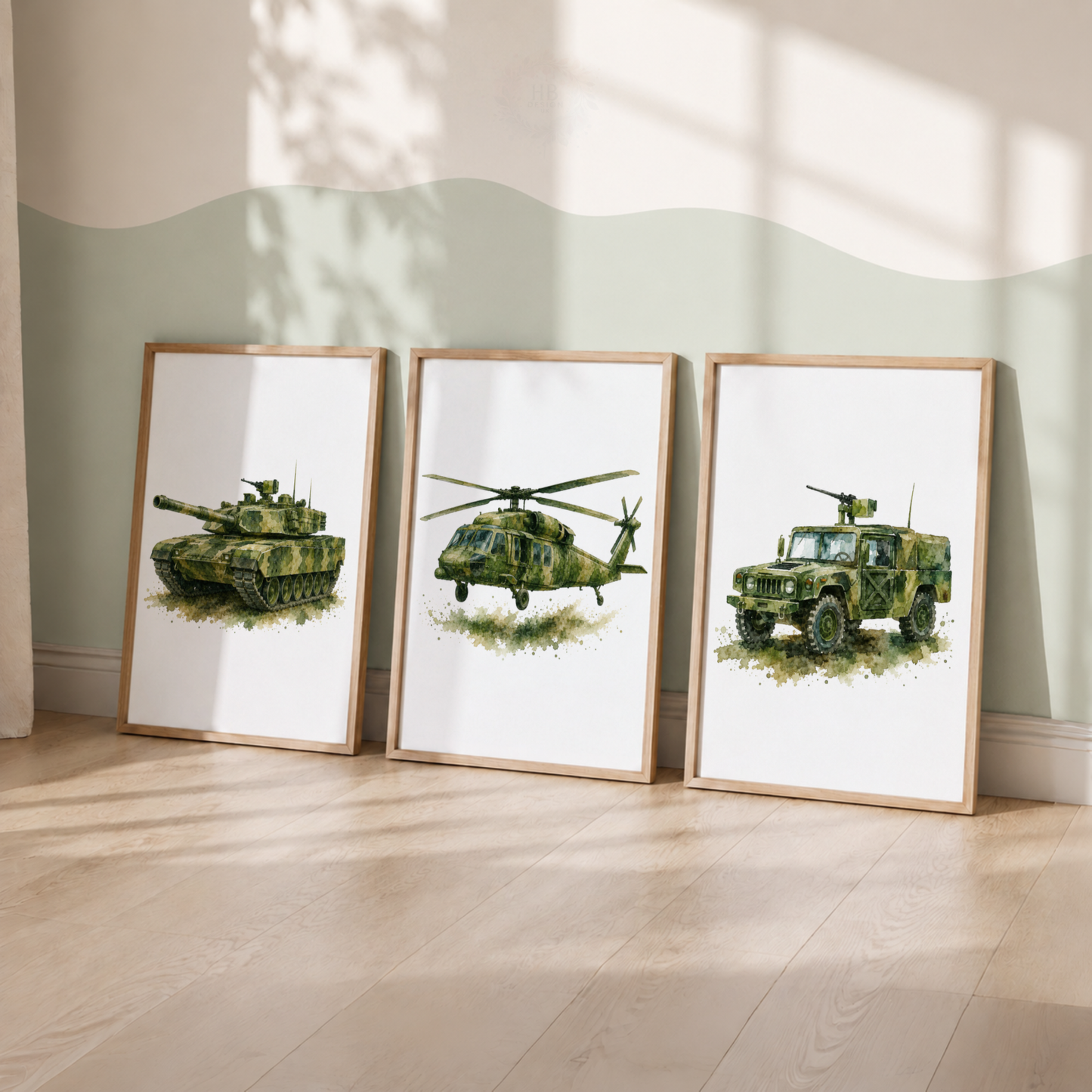 Military Vehicle Wall Art Set – Tank Helicopter & Army Truck Prints