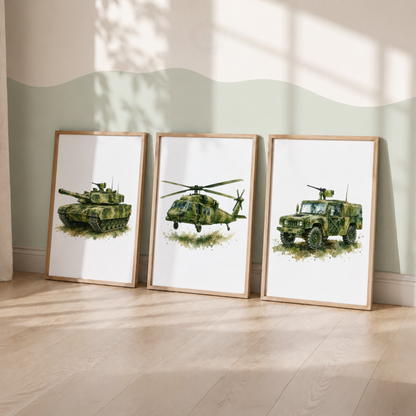 Military Vehicle Wall Art Set – Tank Helicopter & Army Truck Prints