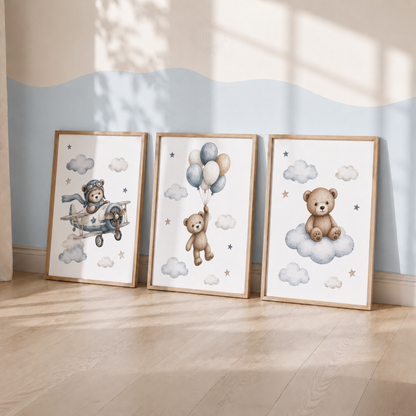 Teddy Bear Nursery Wall Art Set – Aeroplane, Balloons & Cloud Prints