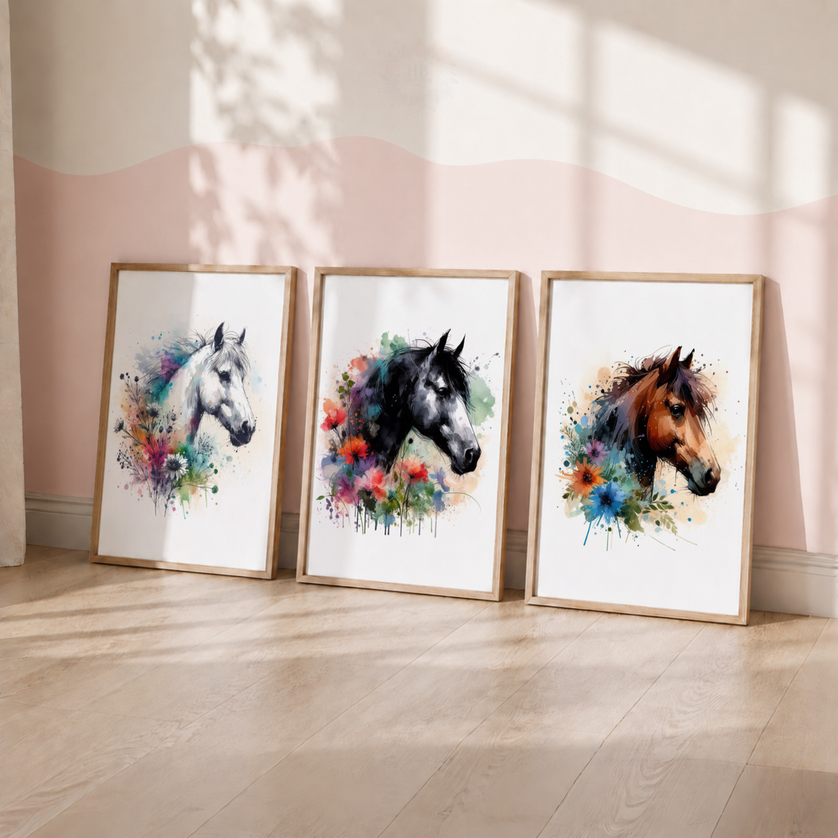 Colourful Watercolour Horse Wall Art Set – Floral Equestrian Prints