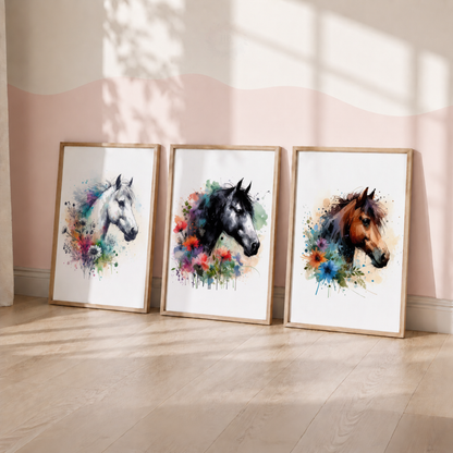 Colourful Watercolour Horse Wall Art Set – Floral Equestrian Prints
