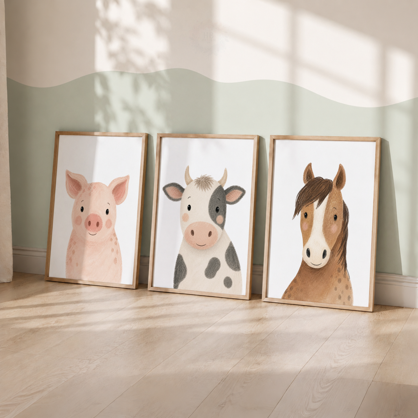 Farm Animal Nursery Wall Art Print Set – Pig, Cow & Horse