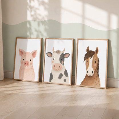Farm Animal Nursery Wall Art Print Set – Pig, Cow & Horse