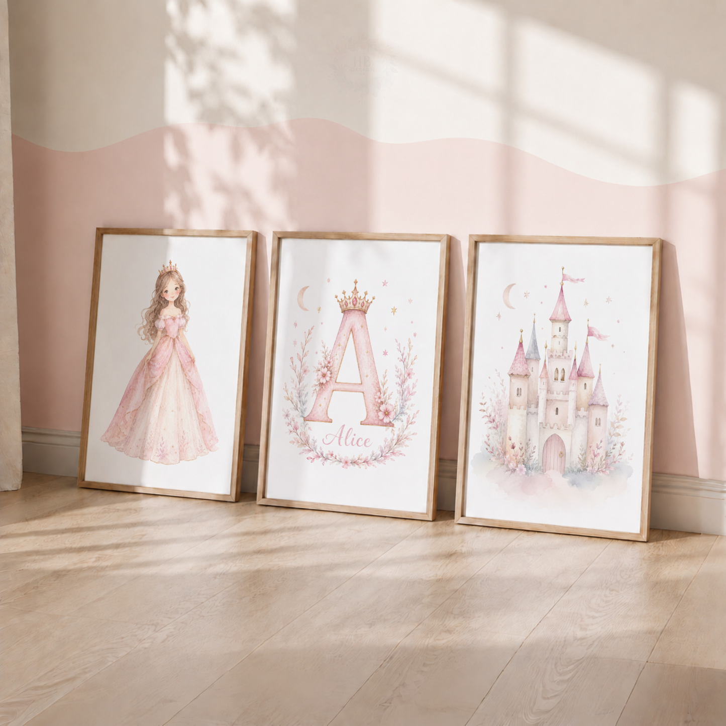 Personalised Princess Castle Prints – Set of 3 Pink Watercolour Nursery Wall Art