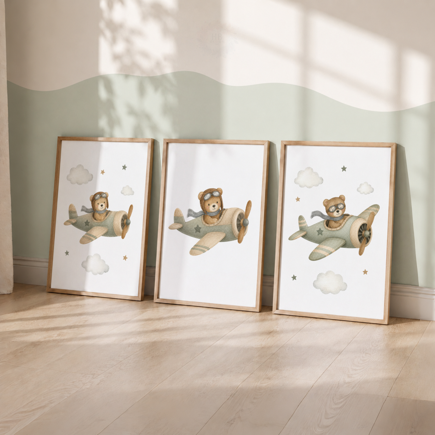 Teddy Bear Aeroplane Nursery Wall Art Print Set – Boys Bedroom Decor