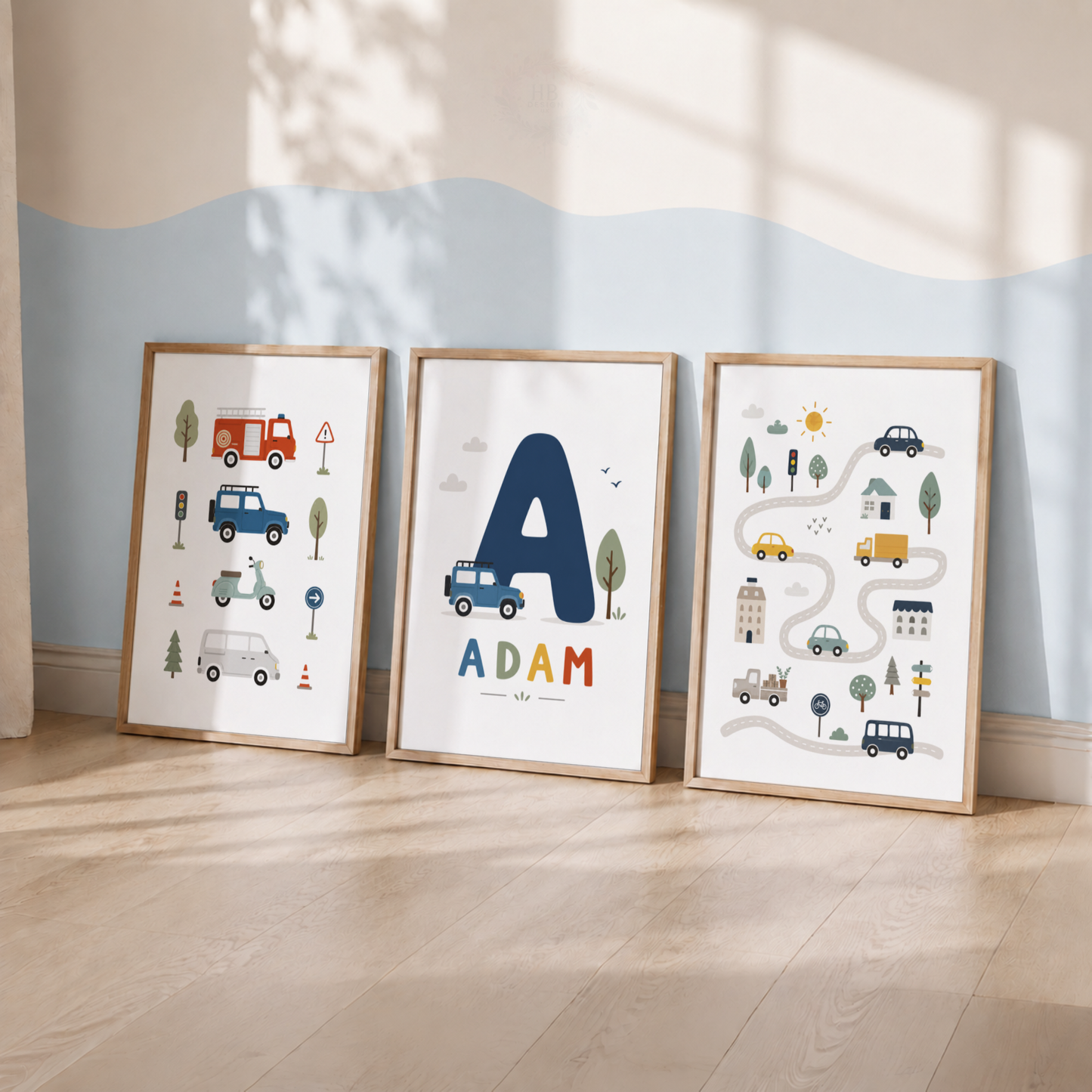 Personalised Transport Nursery Wall Art Set – Cars, Fire Engine & Name Initial Prints