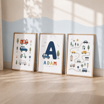 Personalised Transport Nursery Wall Art Set – Cars, Fire Engine & Name Initial Prints