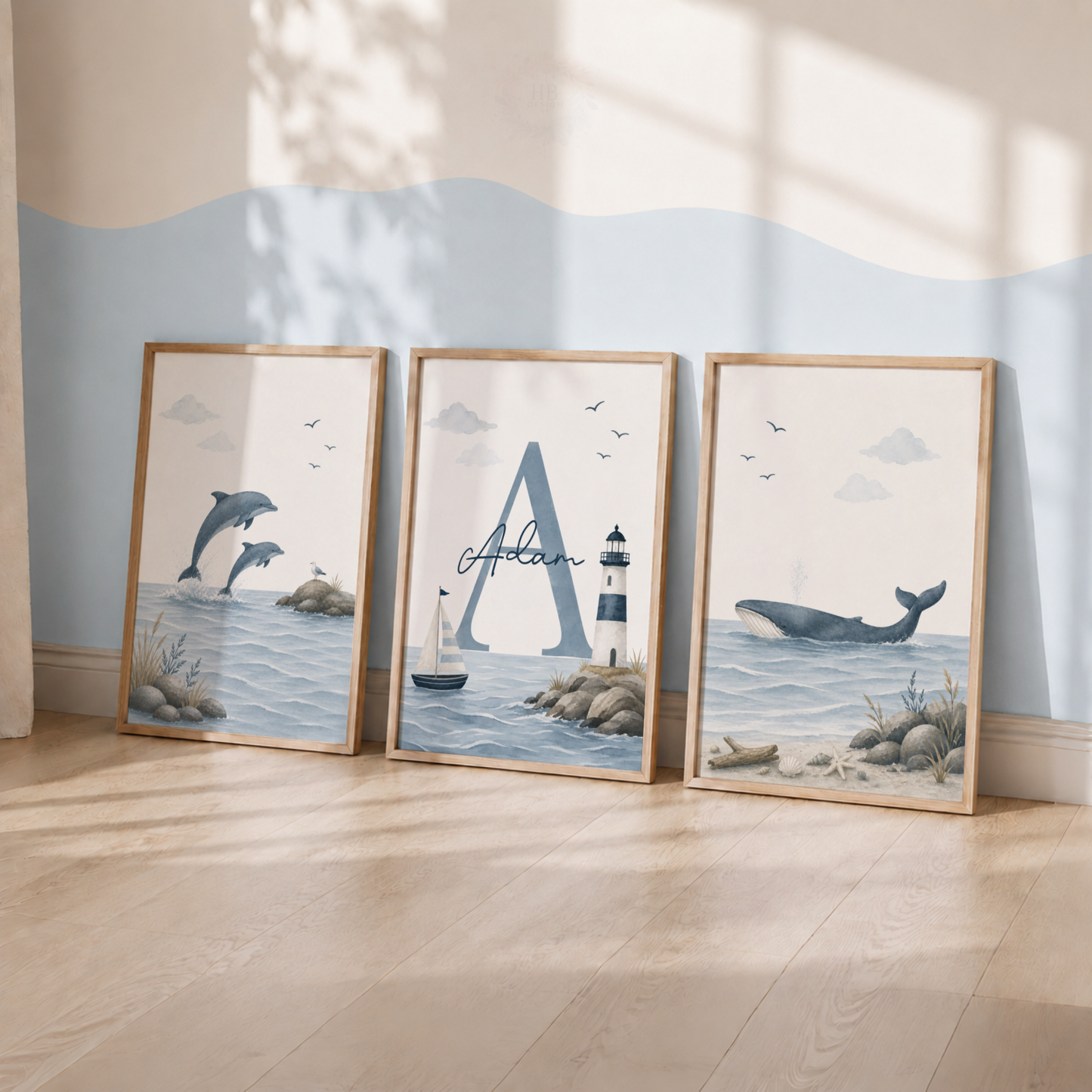 Personalised Ocean Nursery Prints – Set of 3 Watercolour Coastal Wall Art