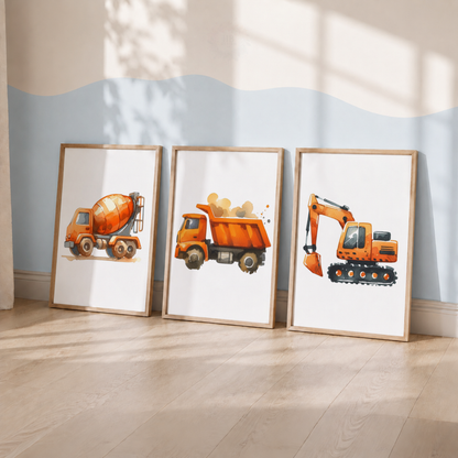 Orange Construction Vehicle Watercolor Prints Set – Cement Mixer, Dump Truck & Excavator Wall Art
