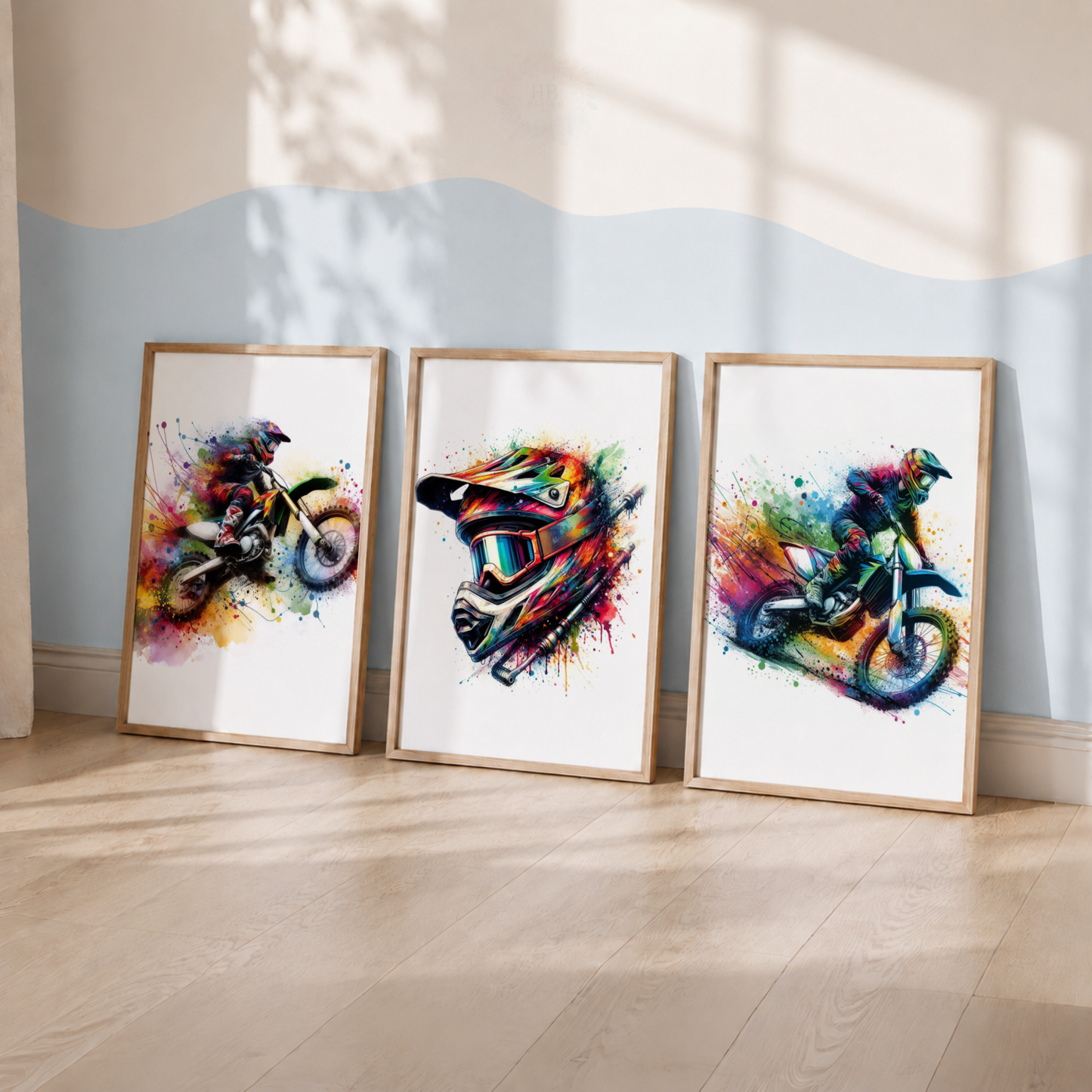 Motocross Watercolor Wall Art Set – Colourful Dirt Bike Rider & Helmet Sports Prints