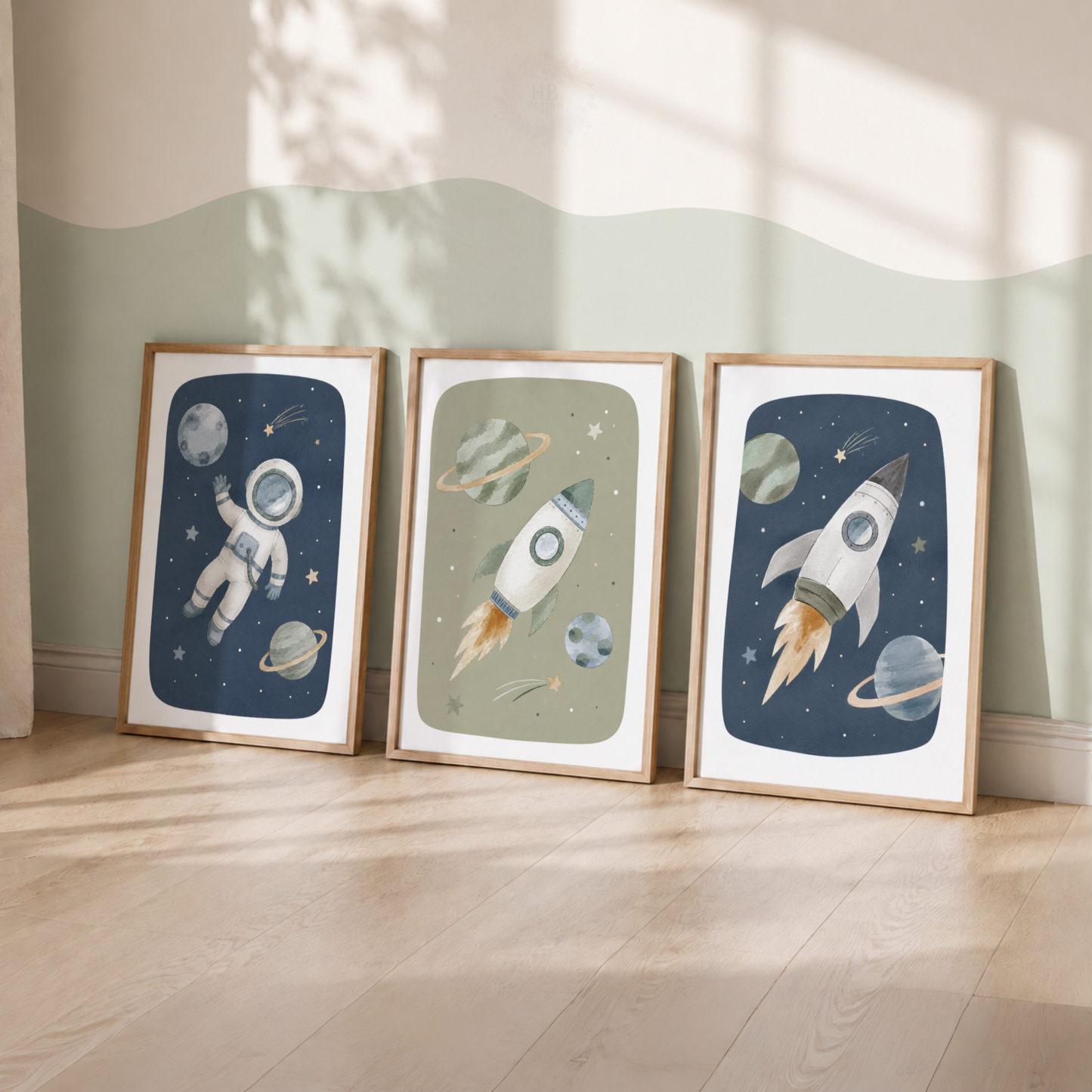 Space Nursery Wall Art Set – Astronaut & Rocket Prints