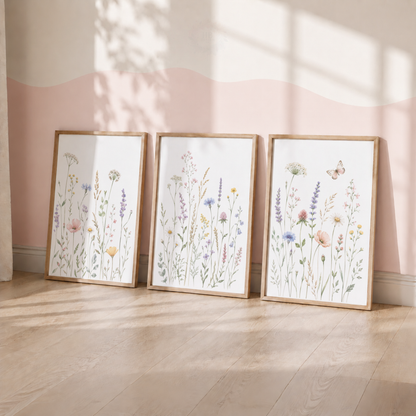 Wildflower Wall Art Set – Pastel Botanical Meadow & Butterfly Prints