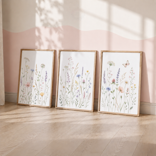Wildflower Wall Art Set – Pastel Botanical Meadow & Butterfly Prints