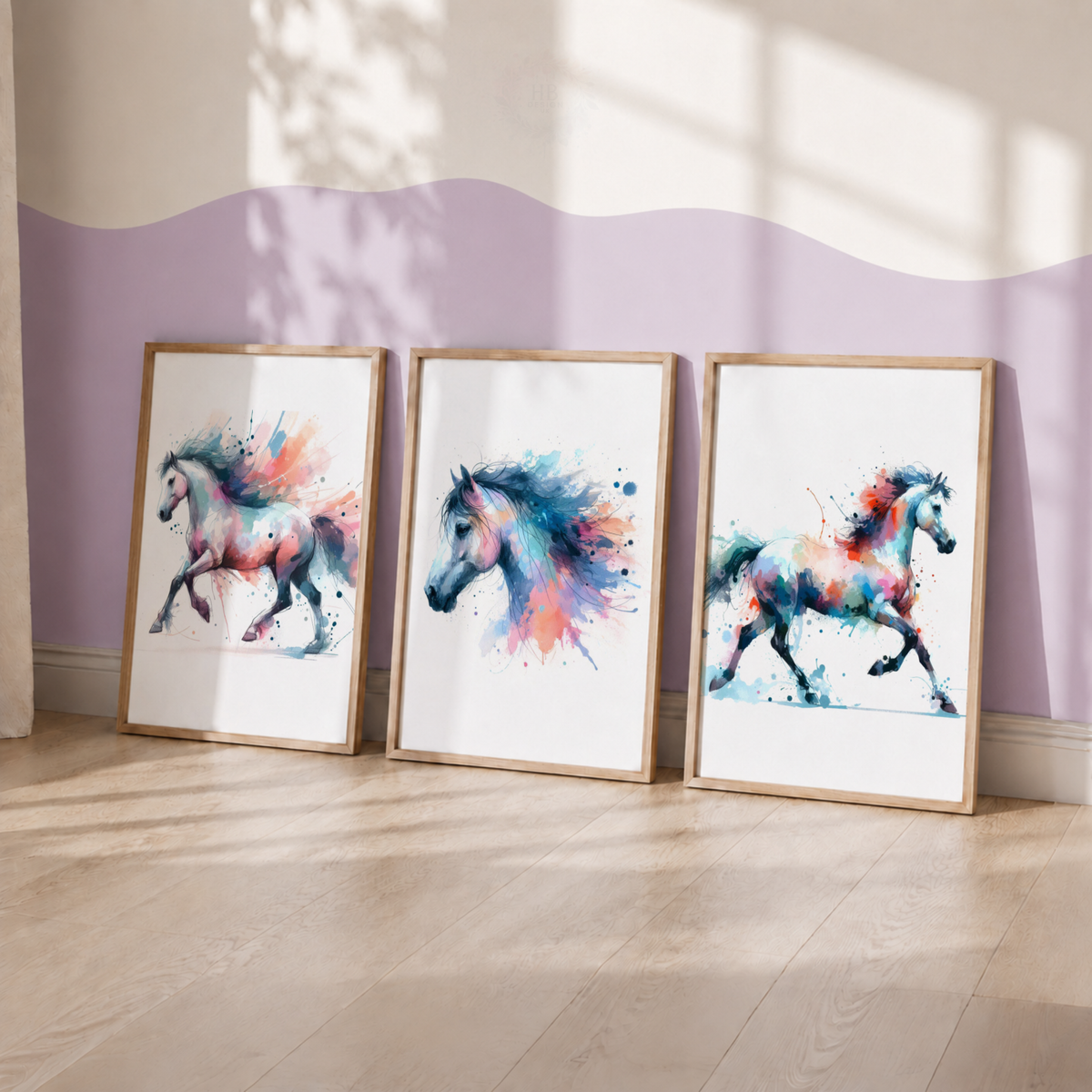 Colourful Horse Wall Art Set – Watercolour Equestrian Prints for Girls