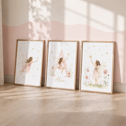 Personalised Fairy Nursery Prints – Pink Floral Initial & Fairy Wall Art Set
