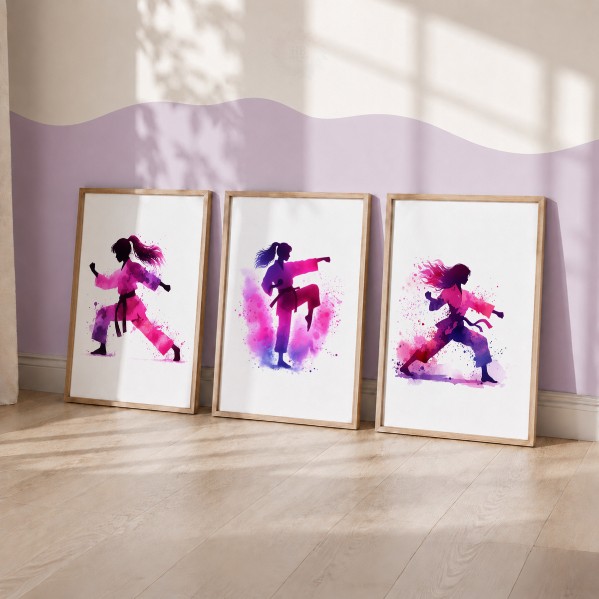 Girls Karate Wall Art Set – Pink & Purple Watercolour Martial Arts Prints