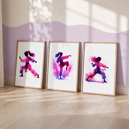 Girls Karate Wall Art Set – Pink & Purple Watercolour Martial Arts Prints