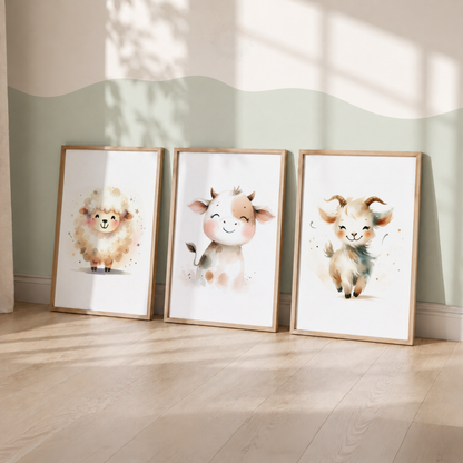 Farm Animal Nursery Prints Set – Sheep, Cow & Goat Watercolour Wall Art